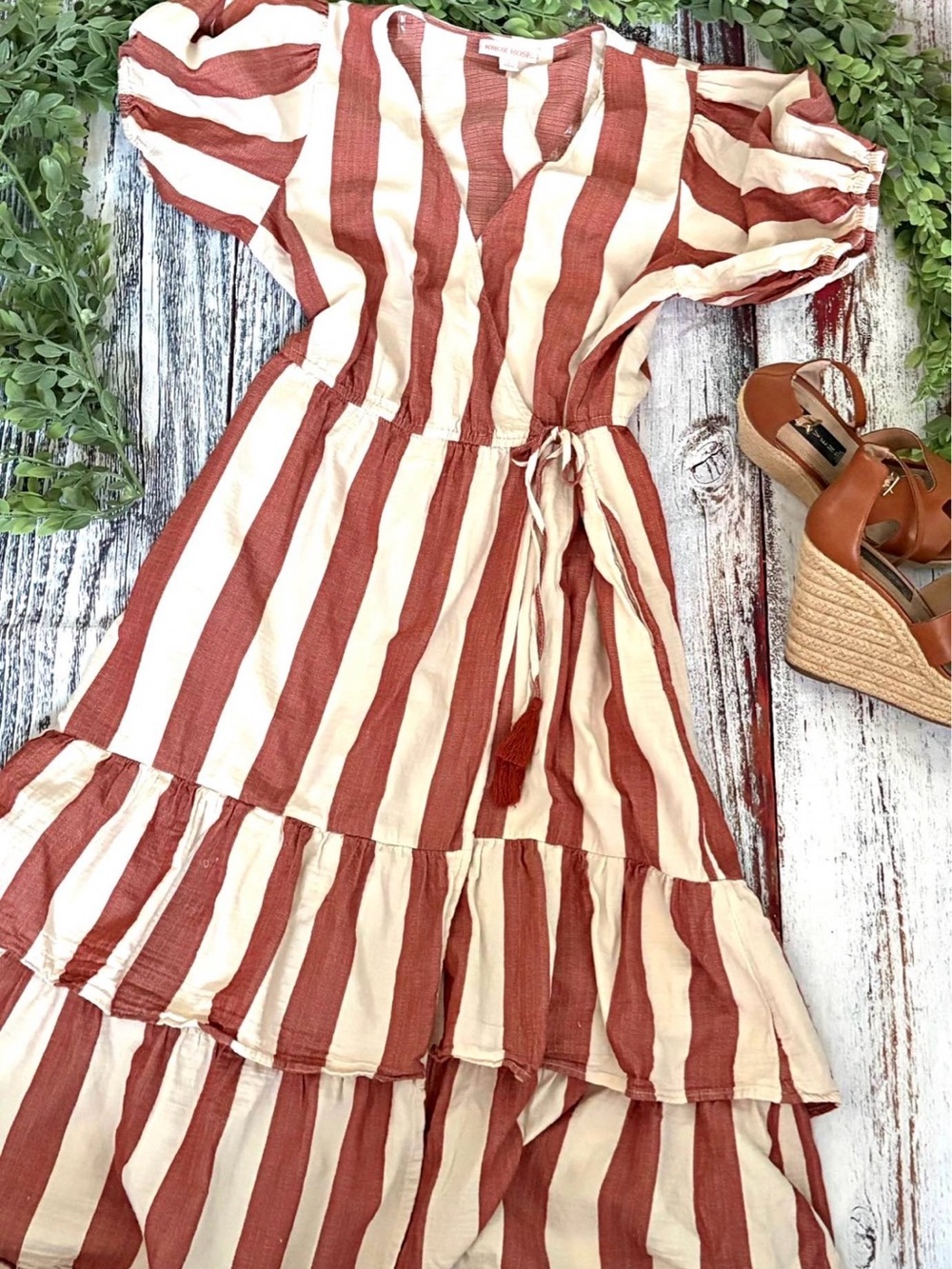 Striped Rust and Cream Tie-Waist Maxi Dress
